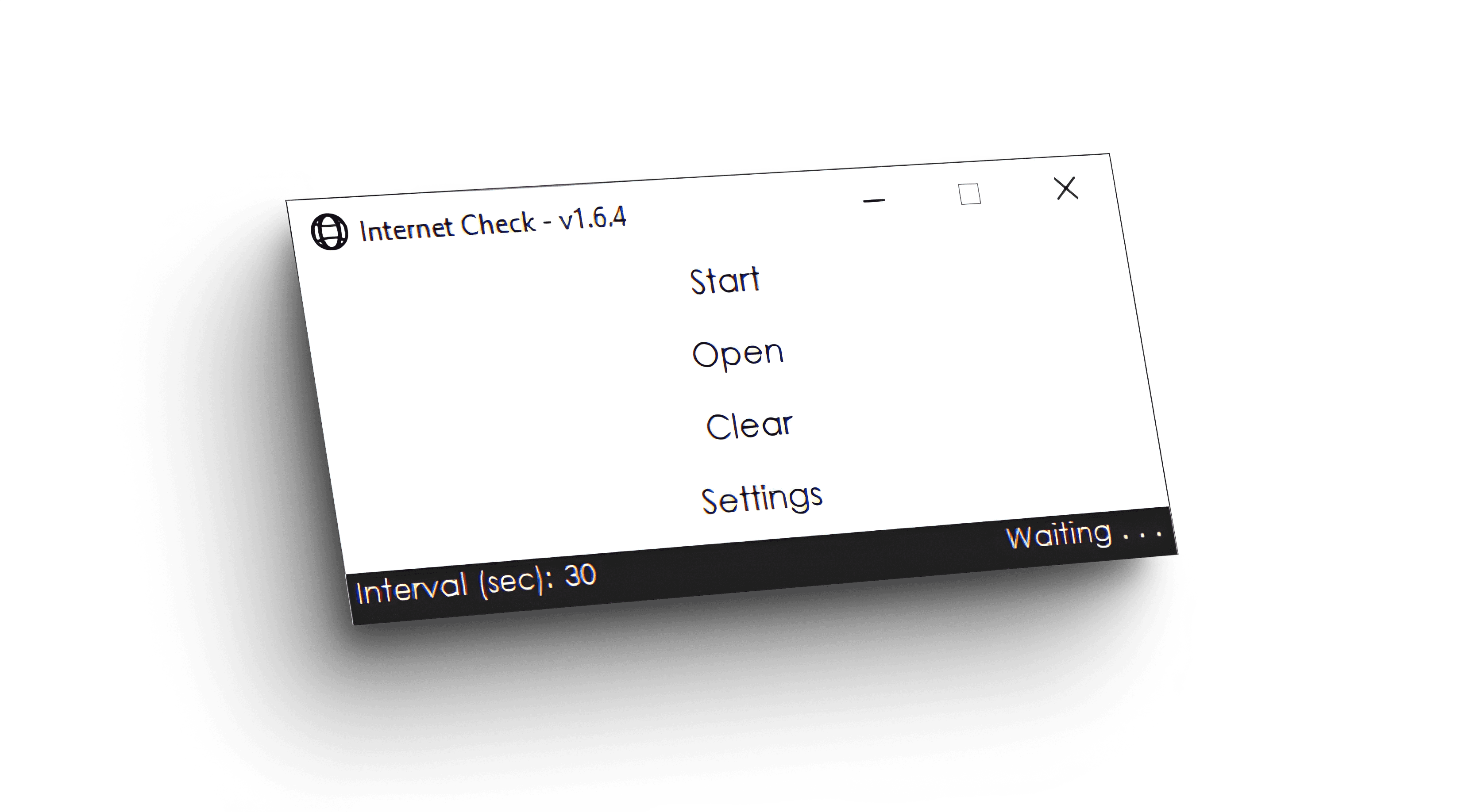 Mockup of software recording internet downtime. The program has a simple UI in white at the top and black at the bottom with white taking up most of the interface. The main form is made up of 4 buttons: Start, Open, Clear and Settings. At the bottom there are two elements: Interval (sec): 30 and Waiting... .